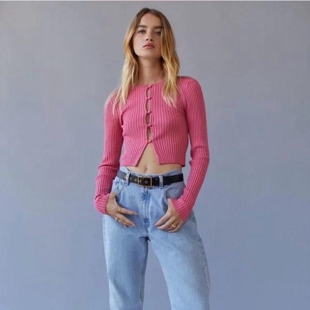 Urban Outfitters Pink Ribbed Cropped Cardigan